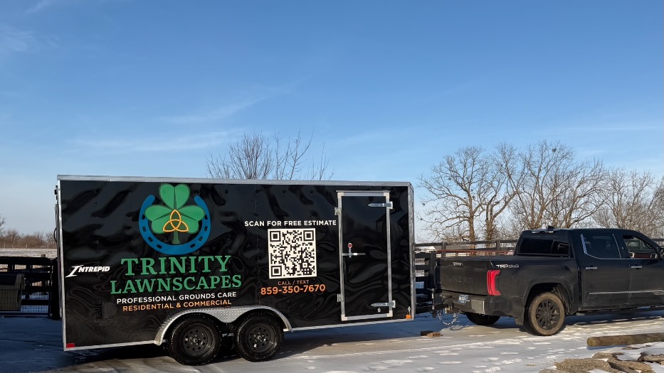 Trinity Lawnscapes truck and trailer - professionally equipped